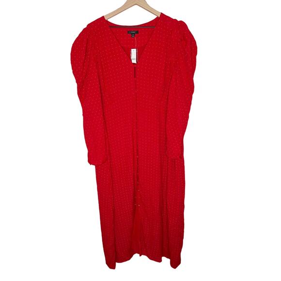 NWT J. CREW Women's PLUS Size 24 Holiday Red Drapey Puff Sleeve Dress Pin Dot - Picture 5 of 16